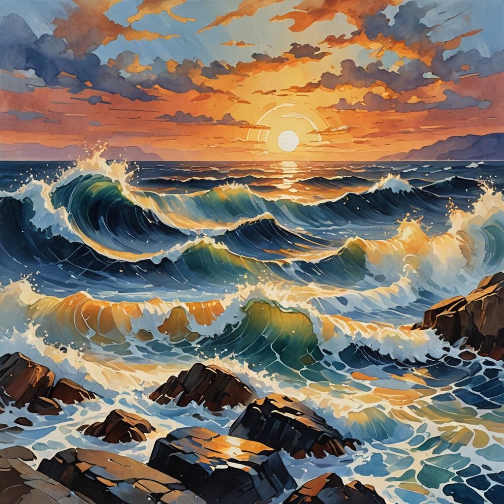 Ocean Sunset Gouache Painting in Impressionist Style