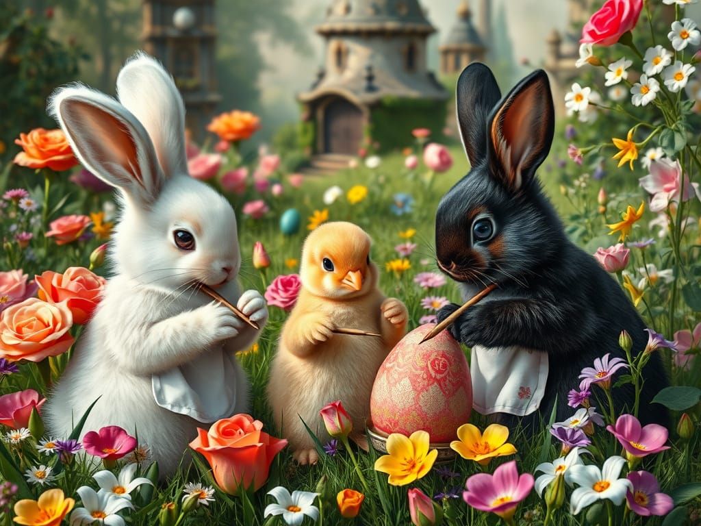 Easter Bunnies Painting Eggs in Renaissance Style