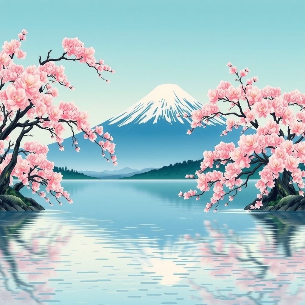 Ukiyo-e Japanese Landscape with Sakura and Mount Fuji