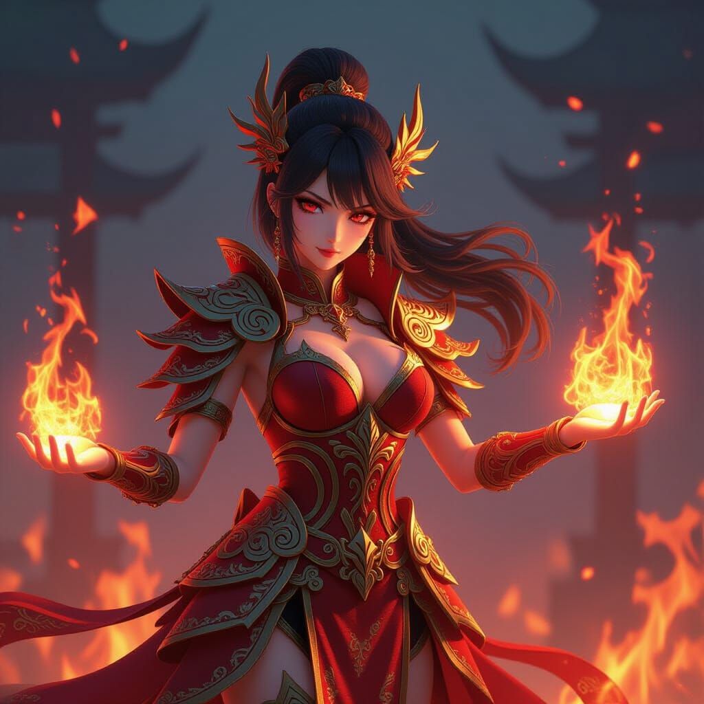 Fire Goddess in Dynamic Anime 3D Art Style