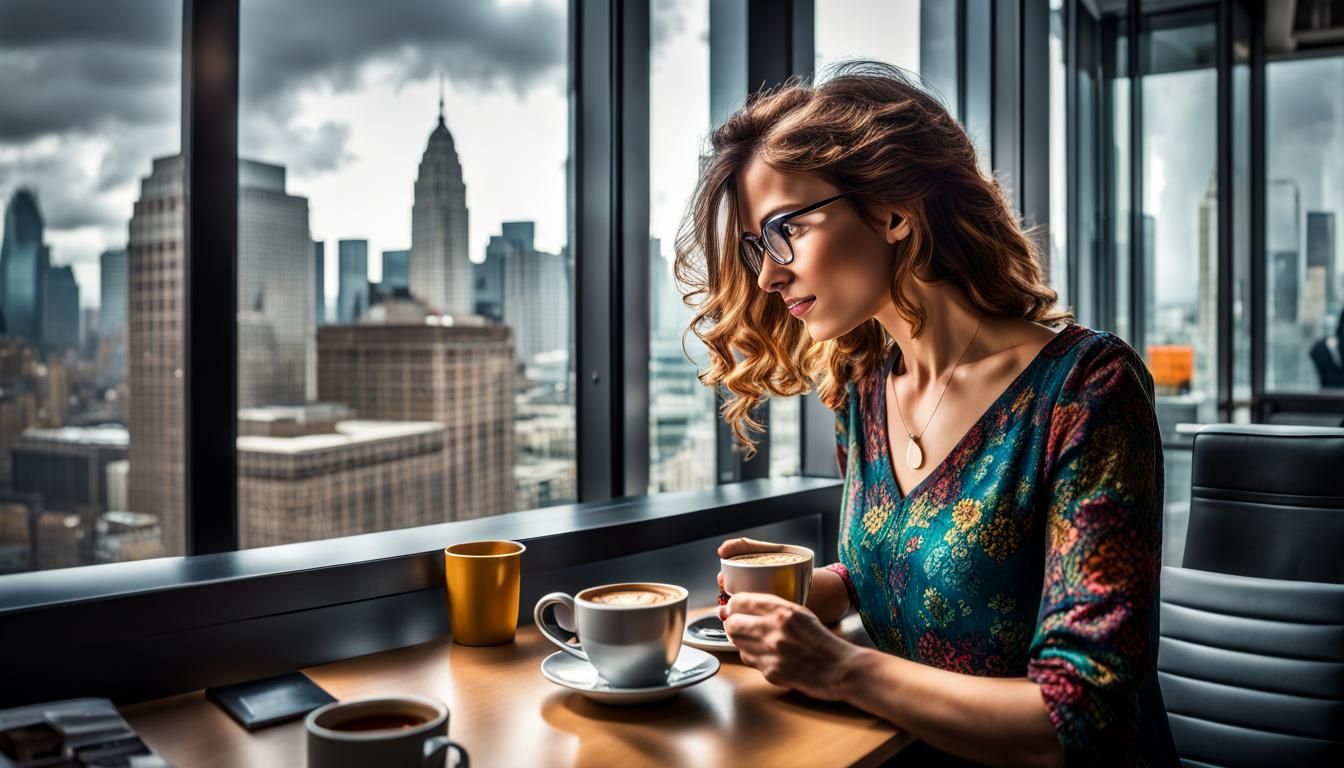 Woman Serves Coffee in Modern Office: Hyperrealistic