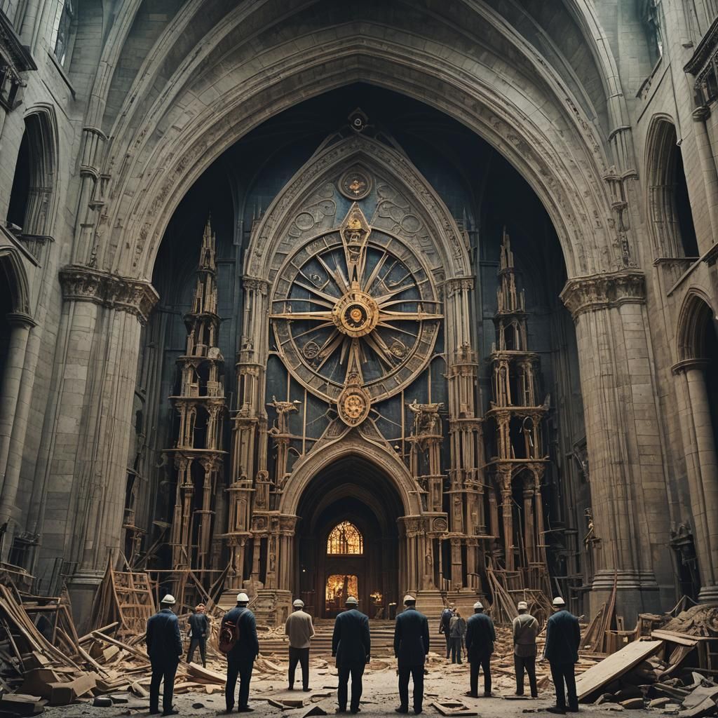 Free masons sre building a cathedral in their mind Cinematic film still, shot on v-raptor XL, film grain, vignette, colo...