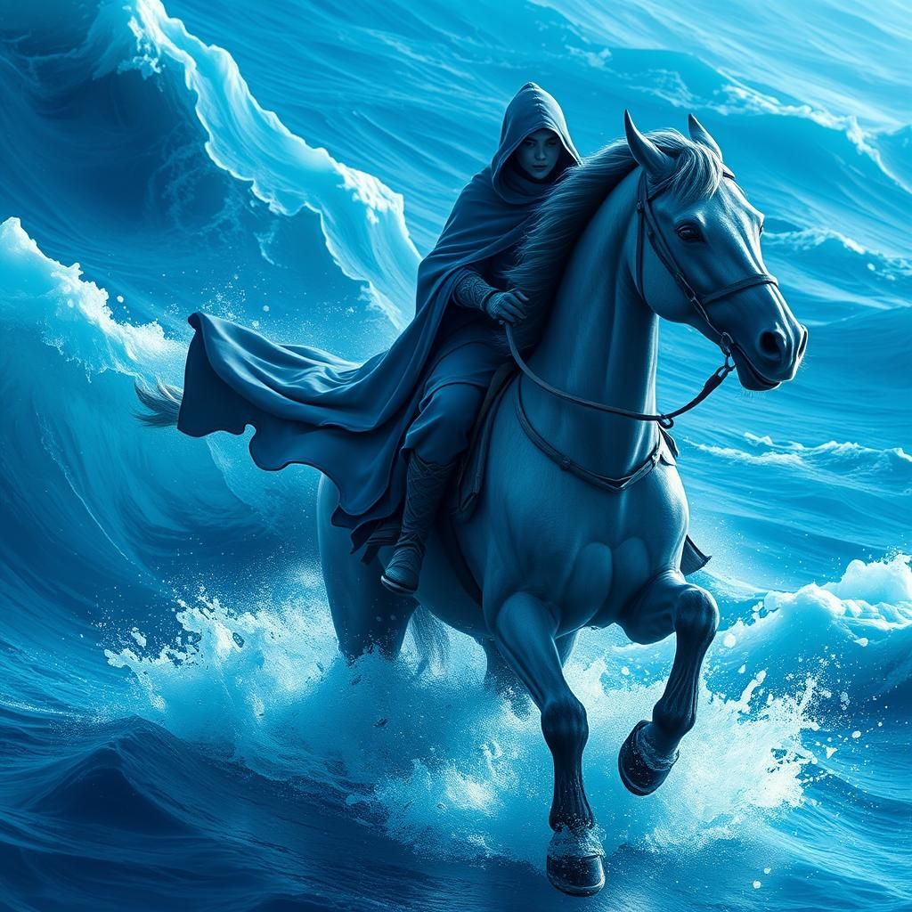 Blue Cloaked Woman on Ice Horse in Icy Ocean