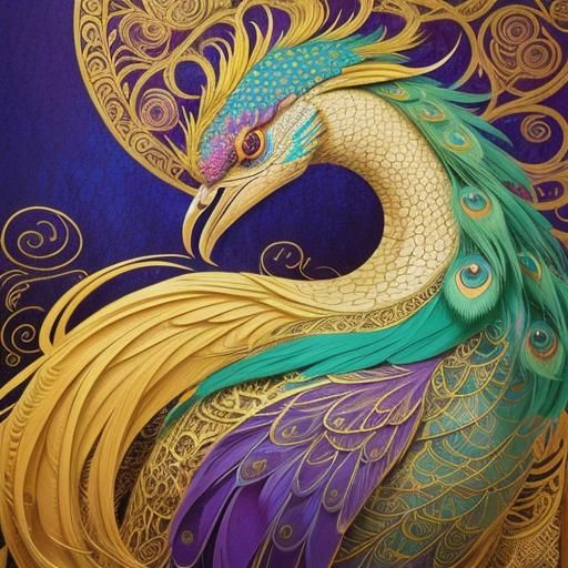 Abstract Portrait with Dragon Peacock in Art Nouveau Style