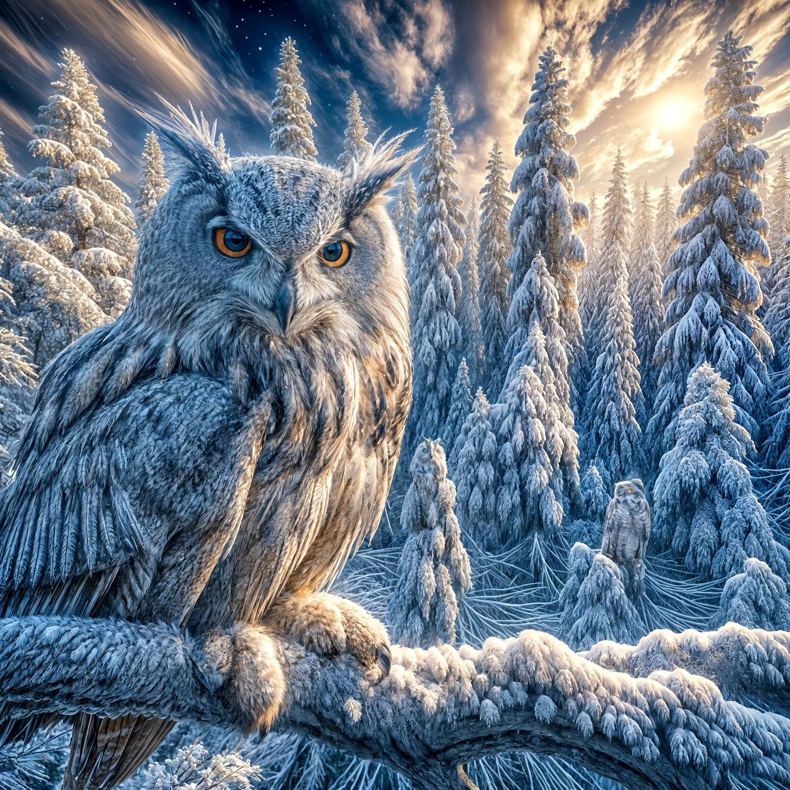 Majestic Crystal Eagle Owl in Winter Wonderland