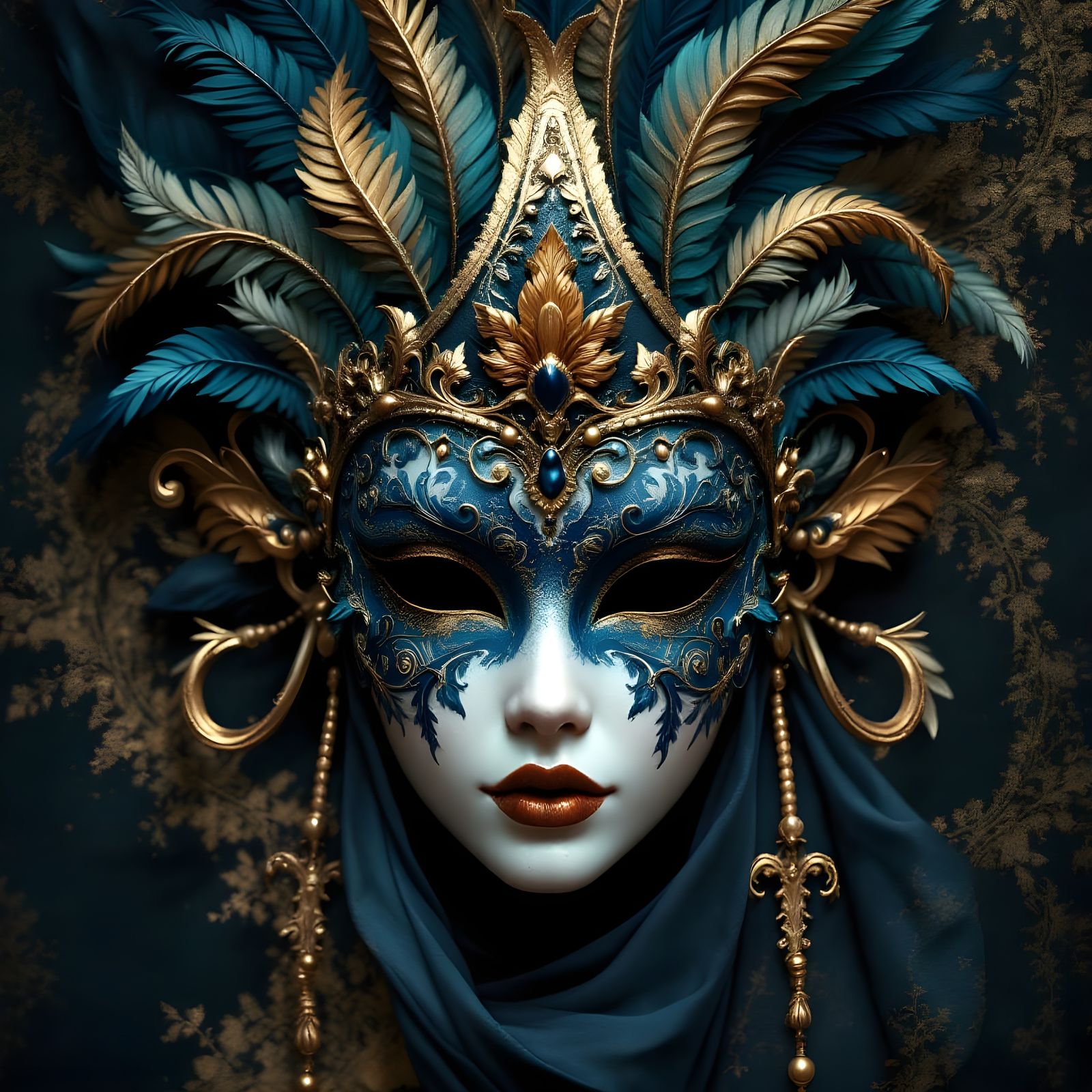 Golden Venetian Mask with Feathers in Swirling Composition