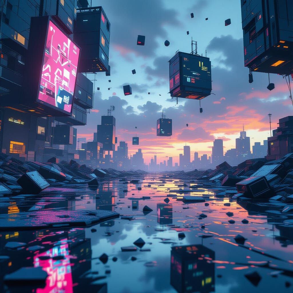 Surreal Broken Reality with Glitch Effects and Floating Obje...