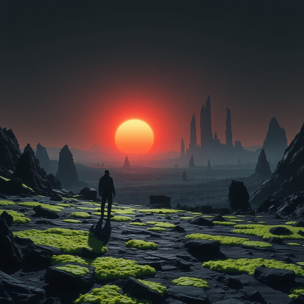 Solitary Figure on Alien Planet with Binary Sunset
