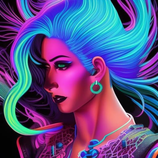 Cyberpunk Queen with Flowing Neon Hair