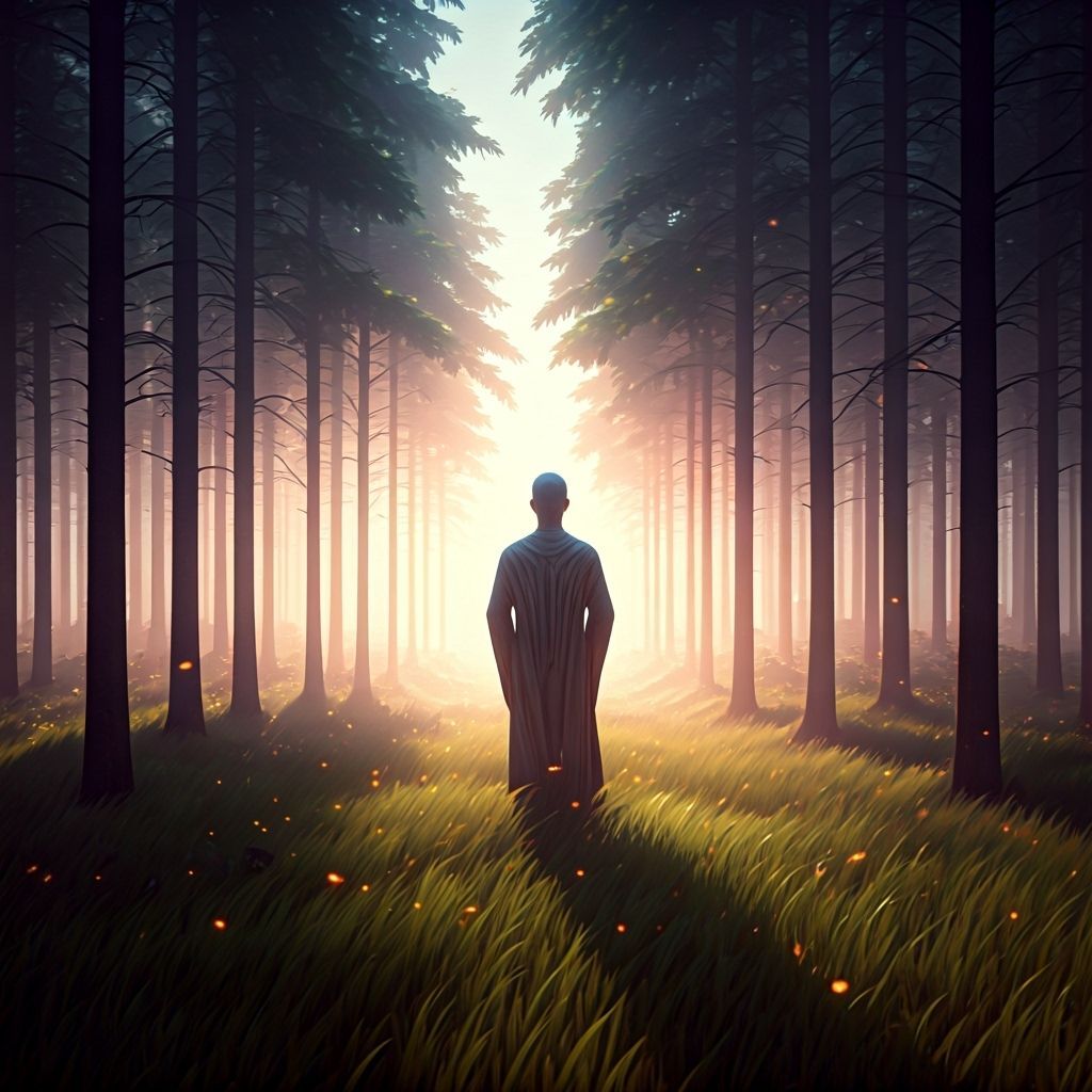 Meditative Figure in Ethereal Forest with Glowing Particles