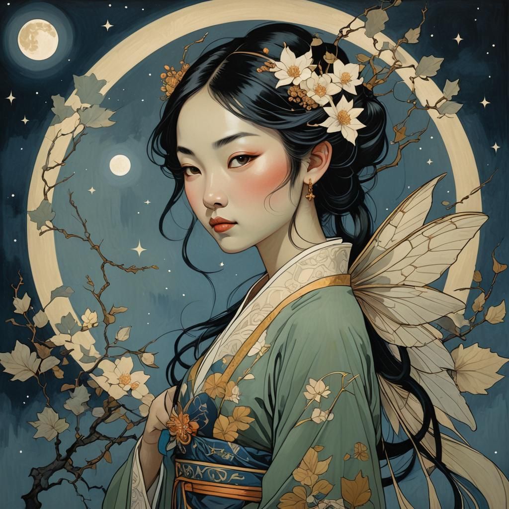 Asian Fairy Portrait in Surrealist Style Under Moonlight