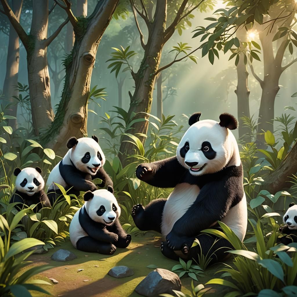 Adorable Pandas Playing in Jungle: 3D Rendered Art