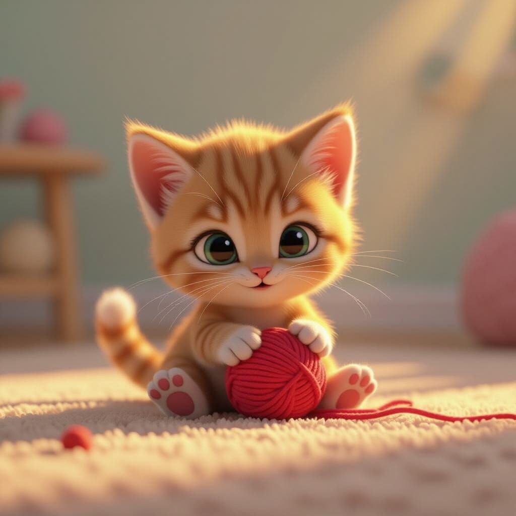 Kitten Playing with Yarn, Pixar-Style 3D Render