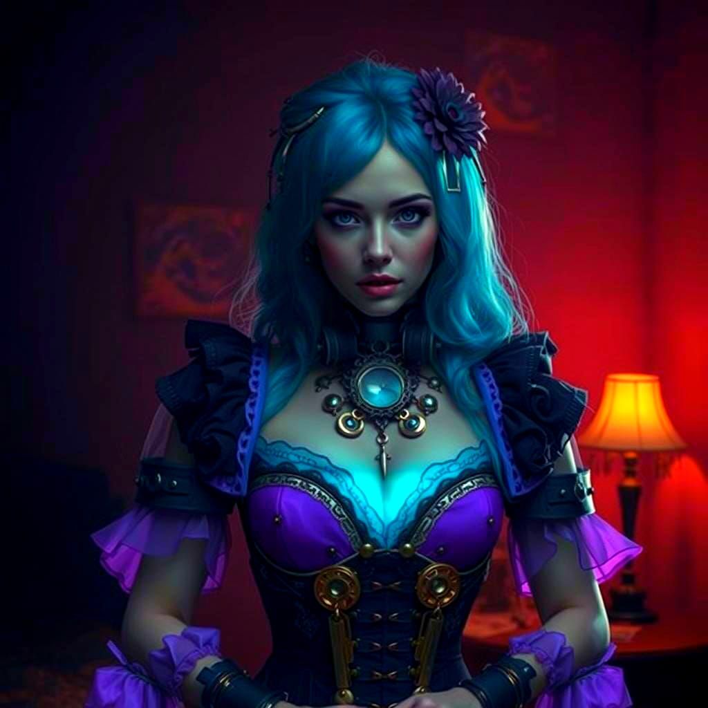 Steampunk Beauty in Psychedelic Bioluminescent Dimension