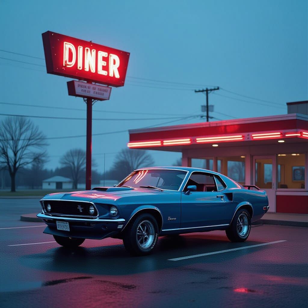 Vintage Blue Mustang at Neon Diner