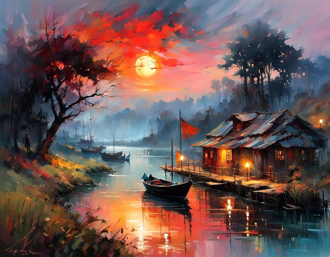 Riverside Reverie at Sunset: Shadows and Saffron Sails