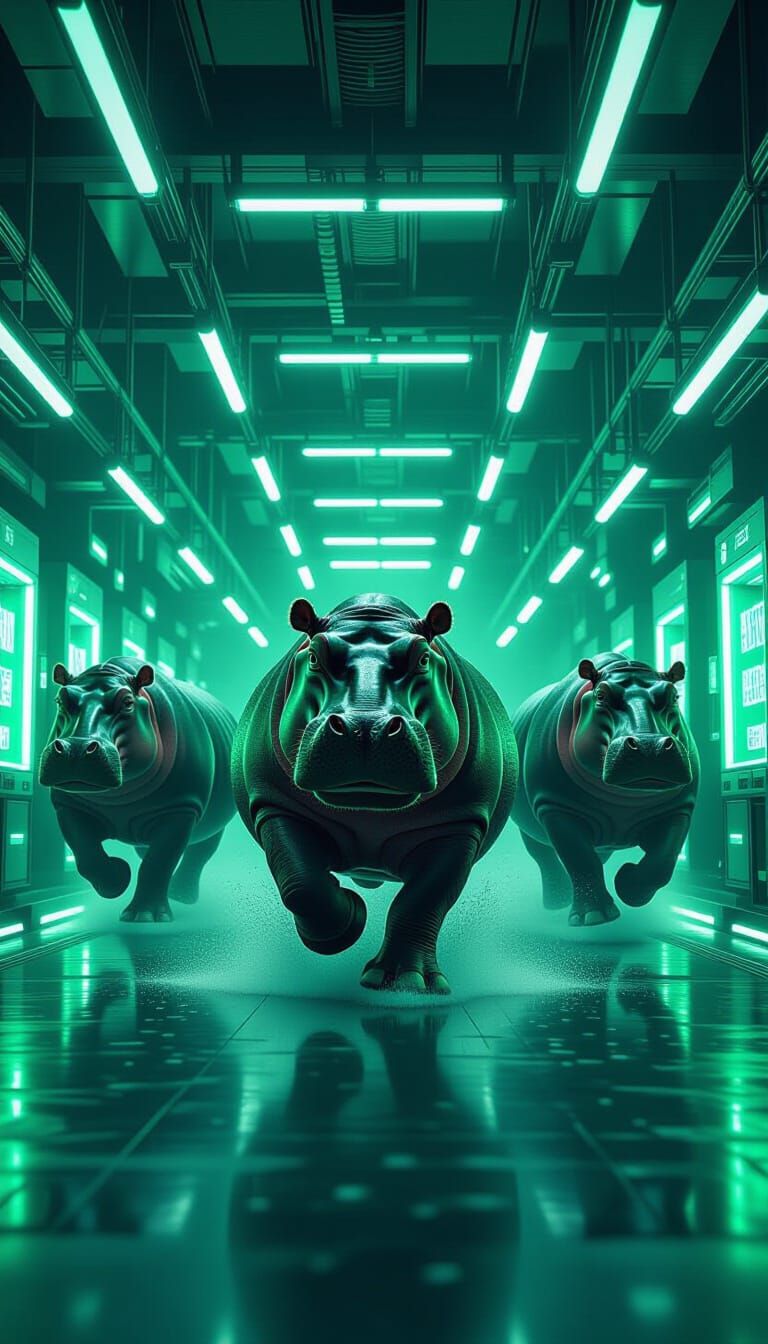 Hippopotamus Stampede in a Futuristic Renaissance Laboratory