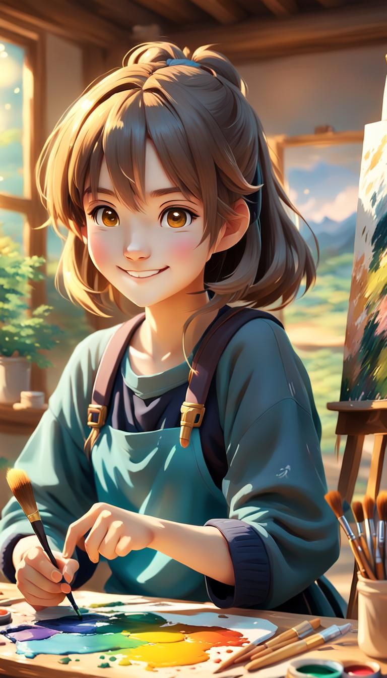 Anime Woman Painting in Natural Environment