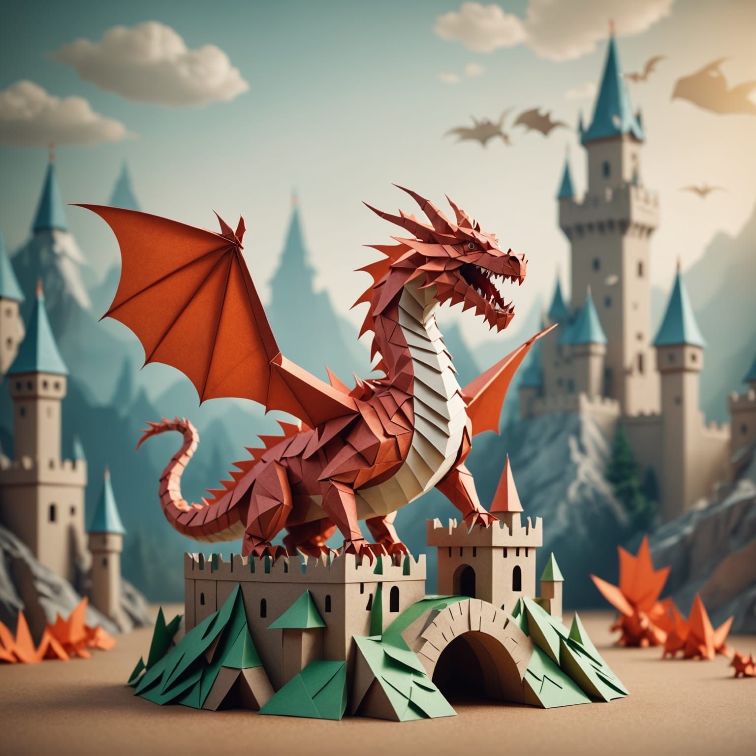 Paper Dragon Attacking Paper Castle in Origami Style