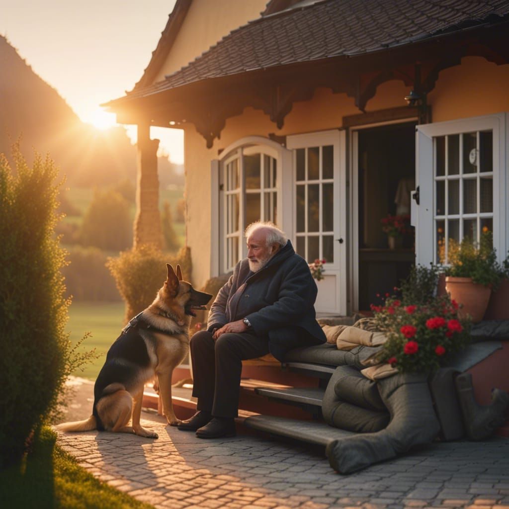 Quaint German B&B: Man and Dog at Dawn