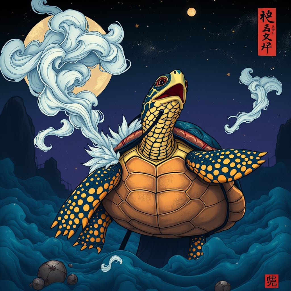 Singing Turtle with Smoke Feathers: Ukiyo-e Matte Painting