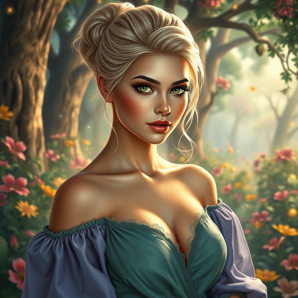 Chic Blonde Goddess in Whimsical Fantasy Garden