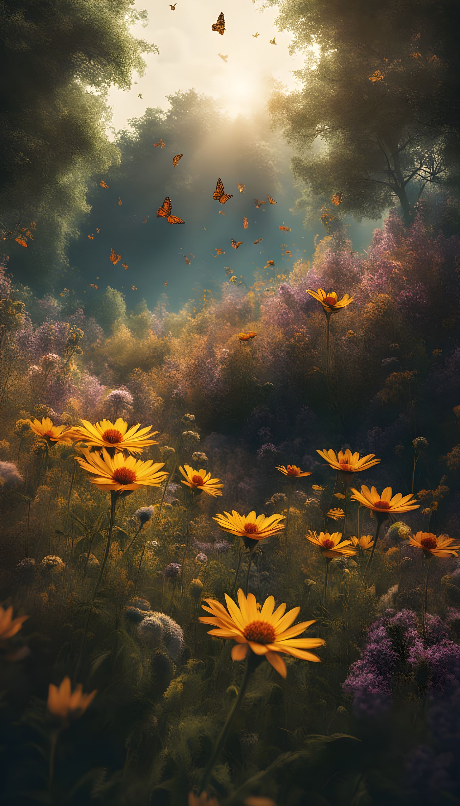 Bees and Butterflies Pollinating Multicolored Wildflowers