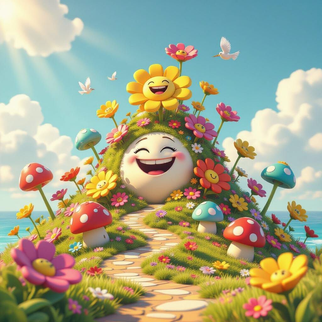 Joyful Island of Laughter in Pixar Animation Style