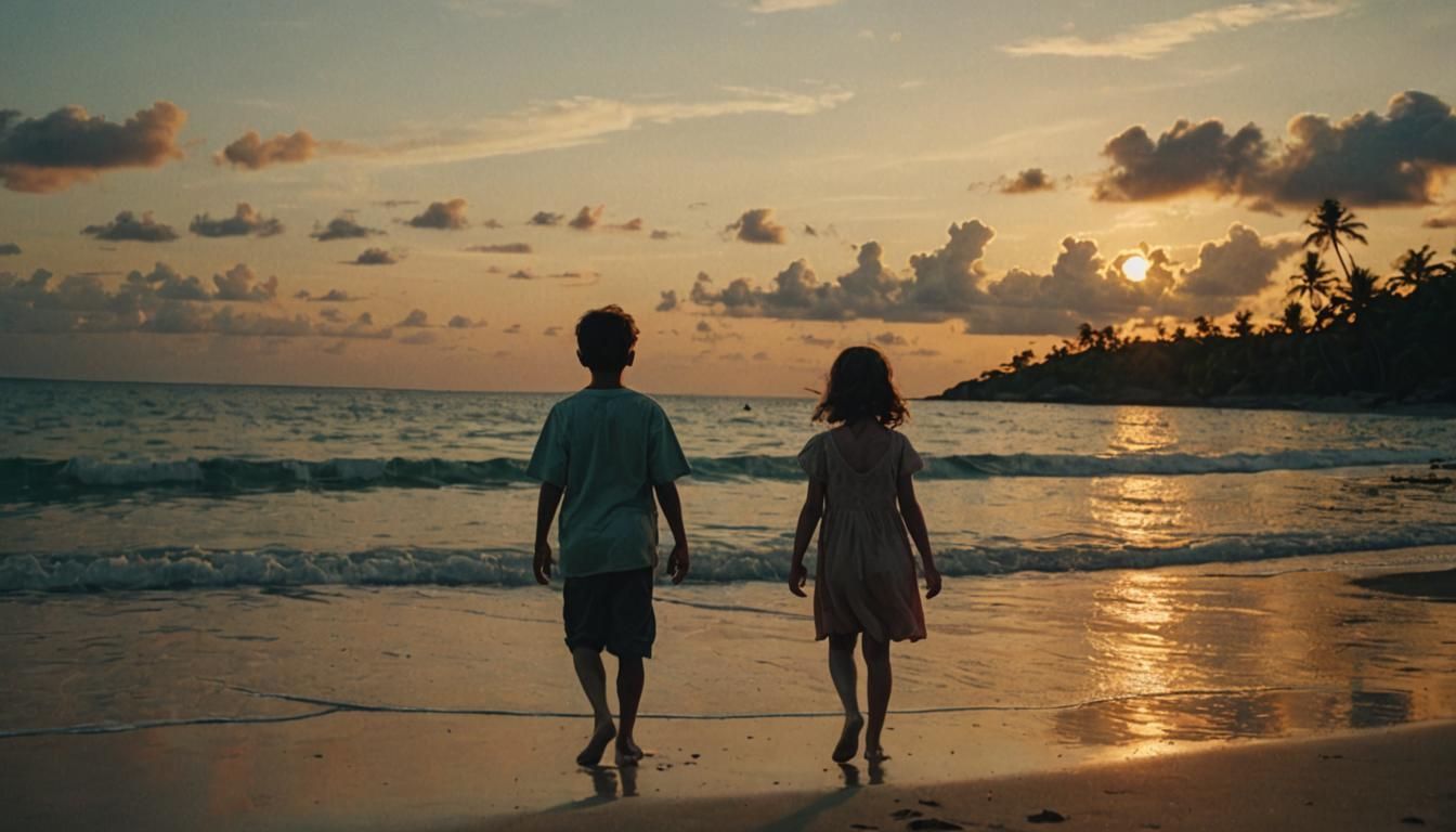 Romantic Sunset Scene on Tropical Island Beach