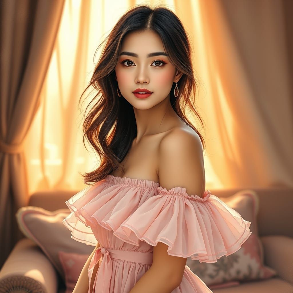 Young Woman Exudes Confidence in Cozy, Golden-Hued Room