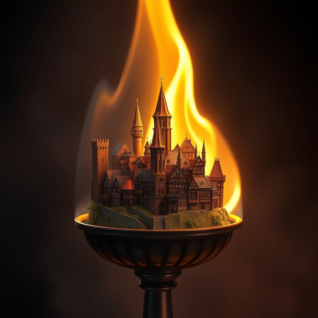Gothic Medieval City Blazes within Golden Flame