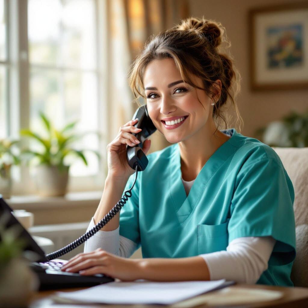 Nursing Home Worker Answering Phone, Warm Realism Style