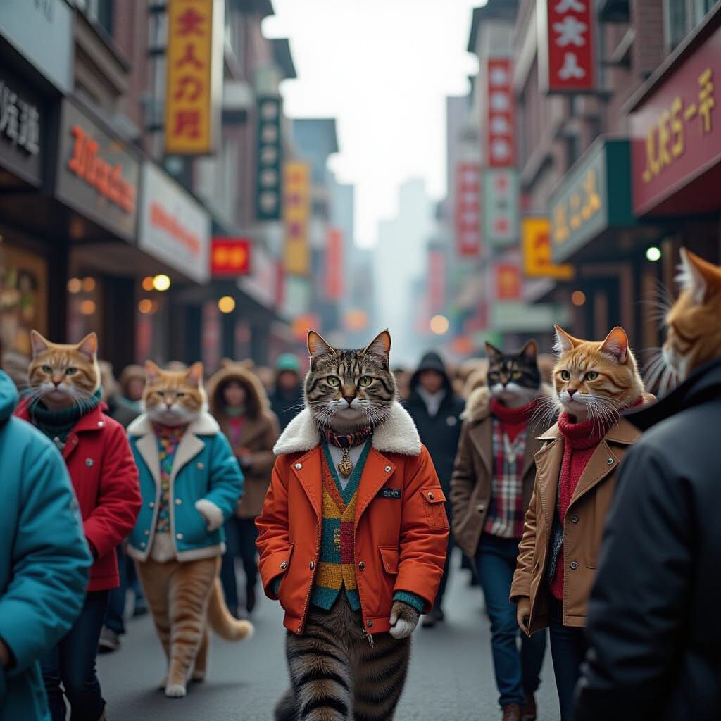 Cats Evolved: 80s Fashion on a Bustling City Street