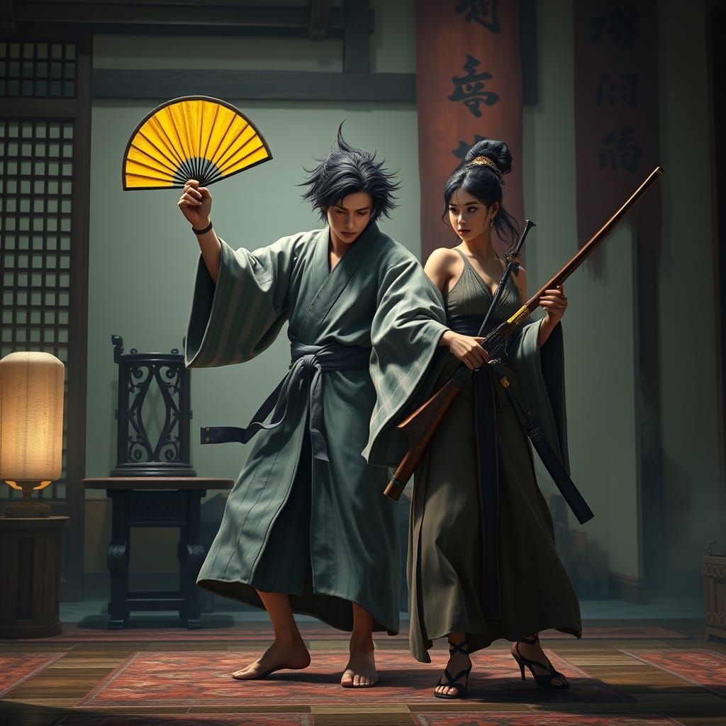 Japanese Warlord Dances with Fan in Lavish Home