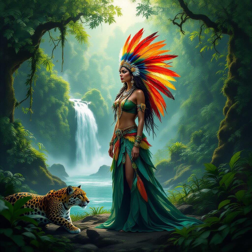 Rainforest Guardian with Fiery Feathers and Jaguar