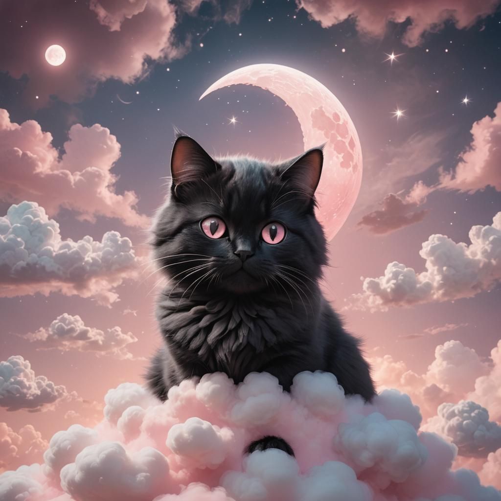 Mochi Anime Cat on Cloud with Pink Moon