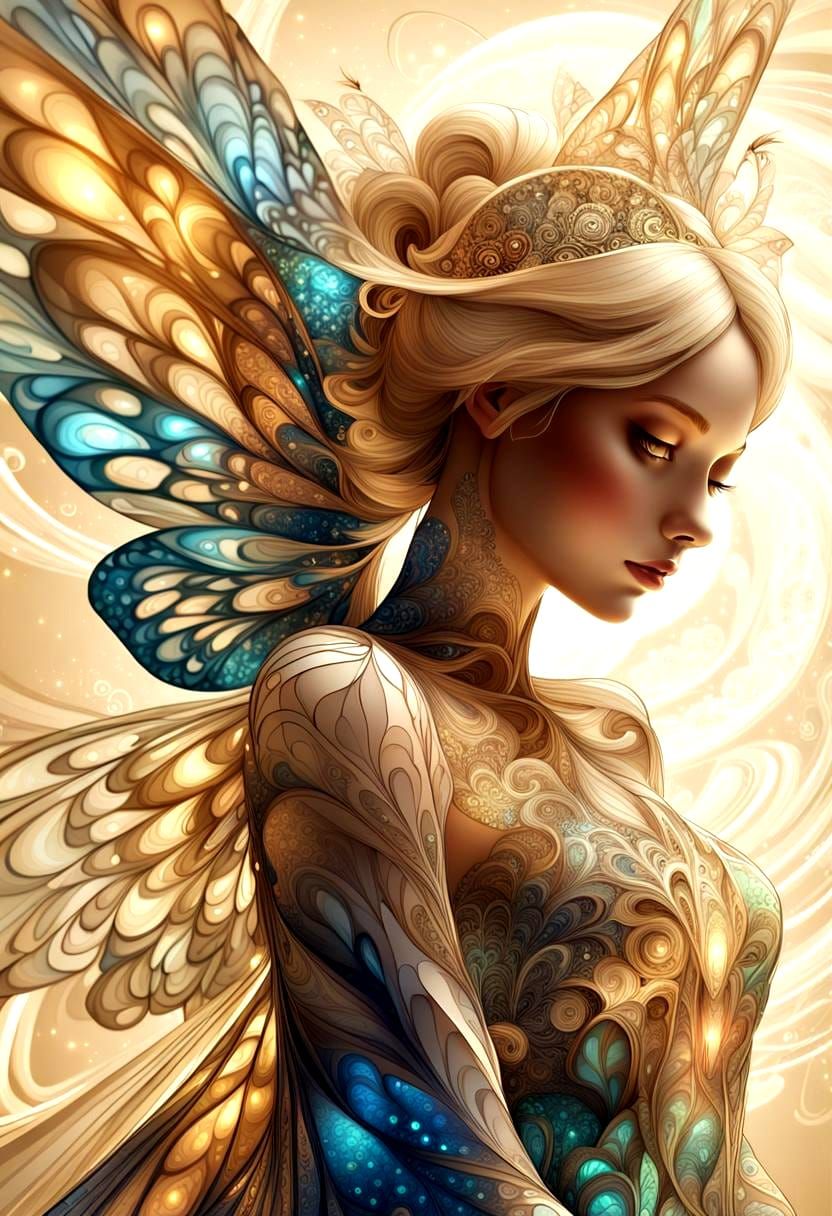 Fairy with Glowing Wings in Abstract Fractal Art