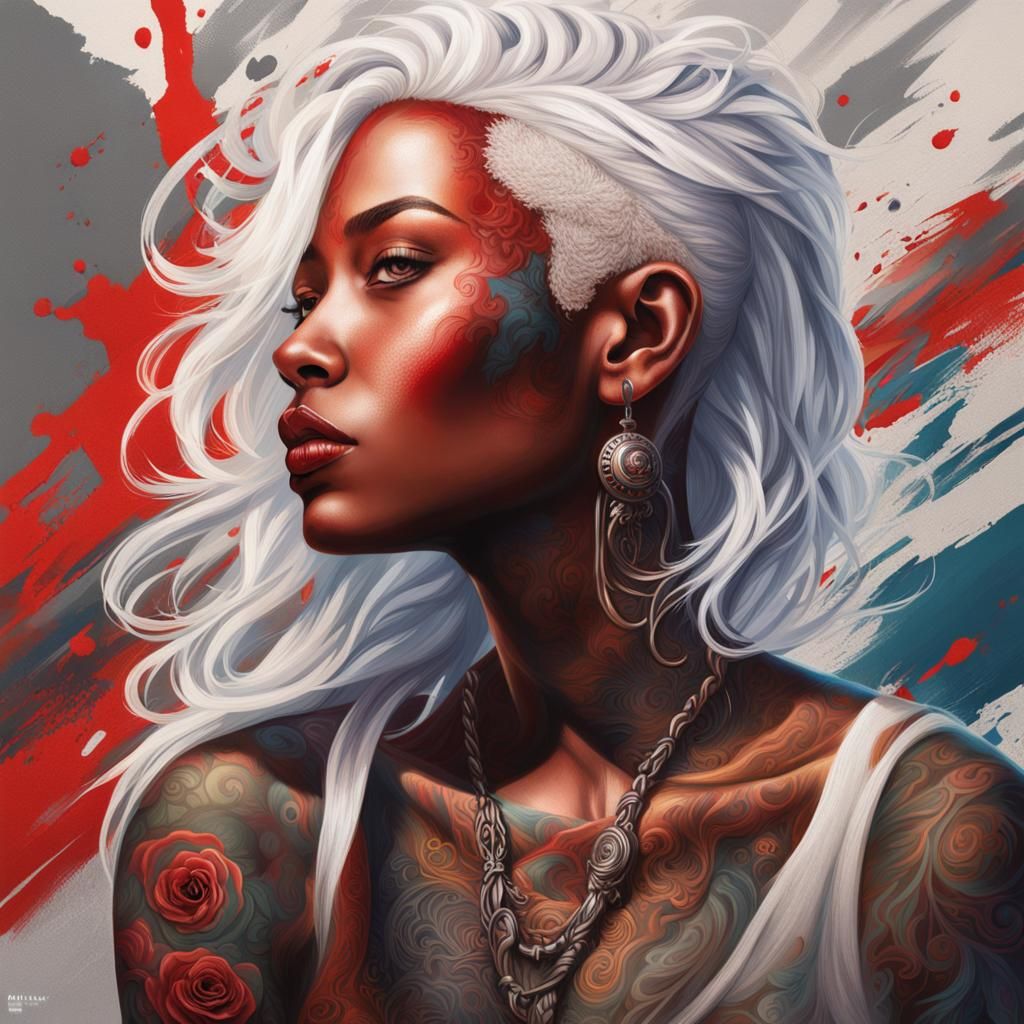 Tattooed Ebony Woman with White Hair: Hyperrealistic Portrai...