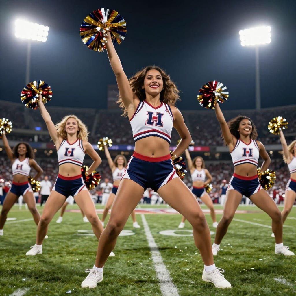 Diverse Cheerleaders in Dynamic Poses at Football Game