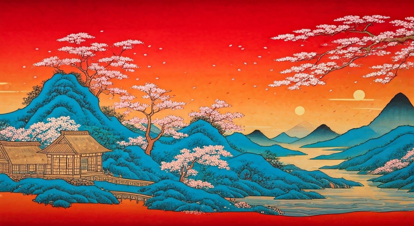Japanese Landscape Art with Bull and Sakura