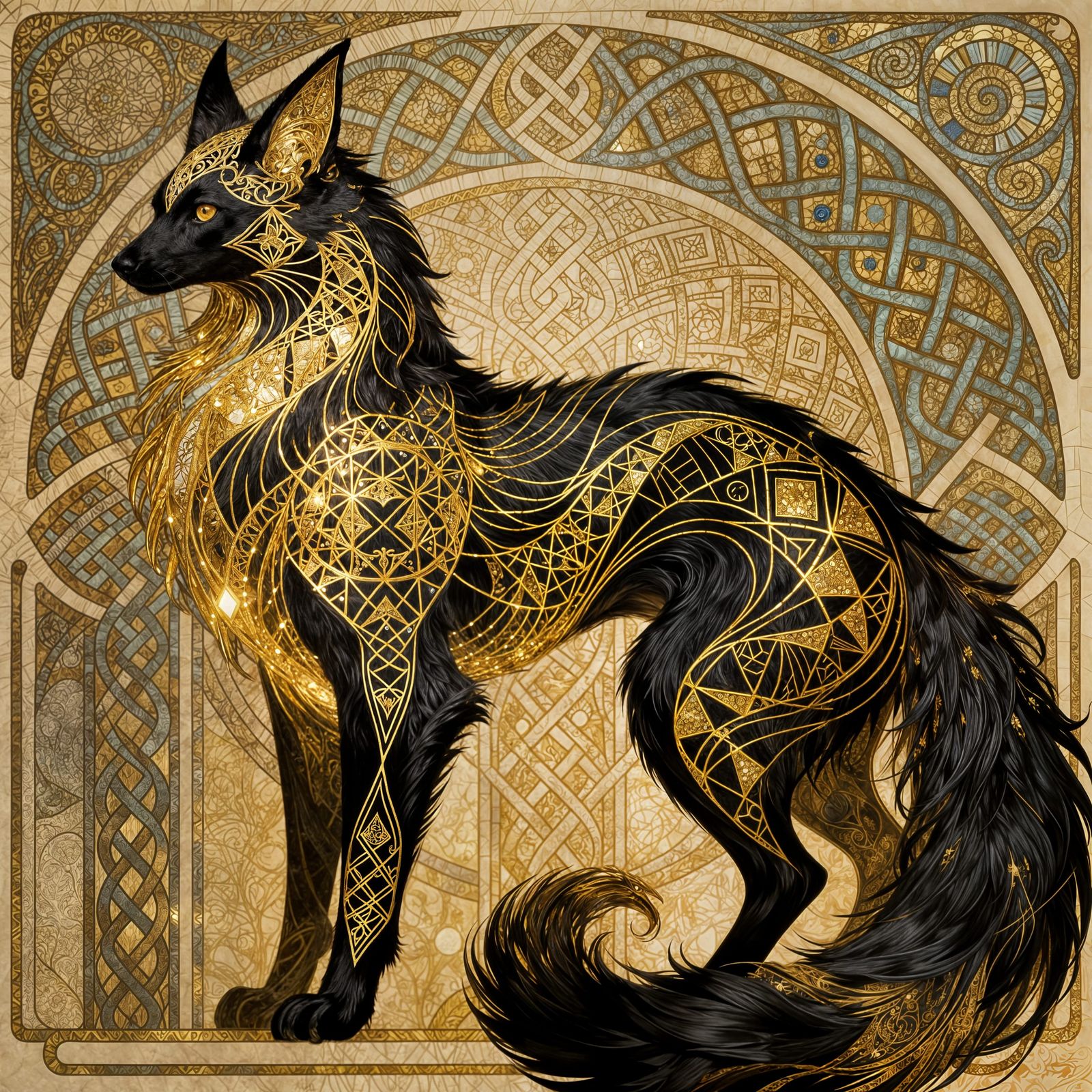 Golden Hound in Art Nouveau Style with Medieval Patterns