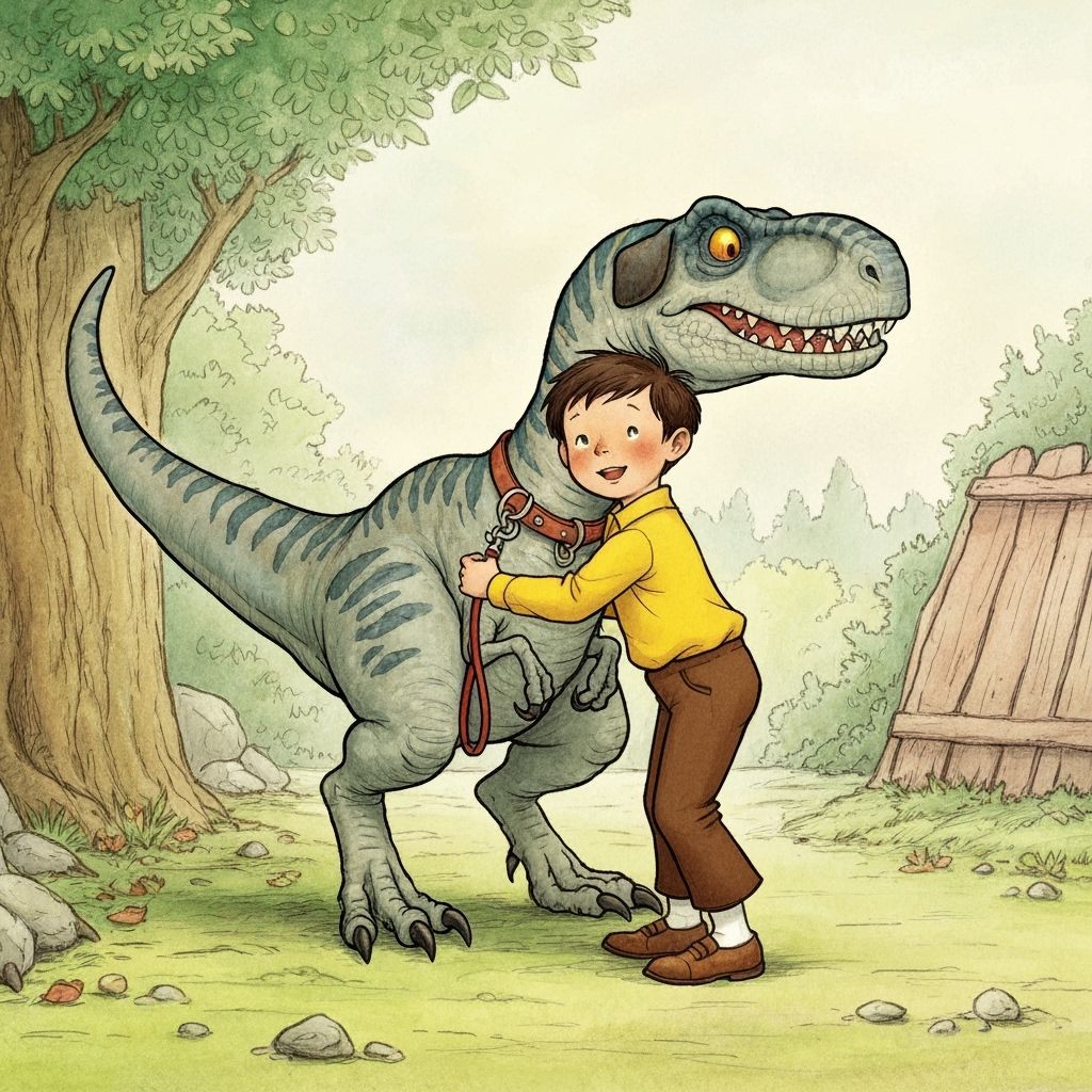 Boy Hugs Leashed Velociraptor in Whimsical Storybook Art