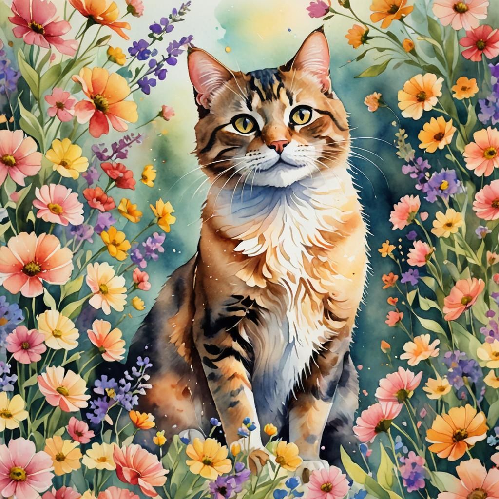 Cat Surrounded by Flowers in Whimsical Watercolor