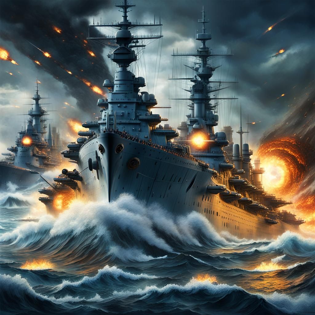 German Battleship Engages US Navy in Stormy Sea Battle