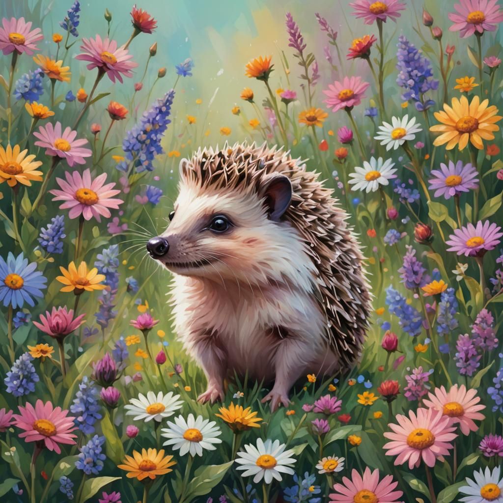 Hedgehog Posing in Dreamy Pastel Wildflower Garden
