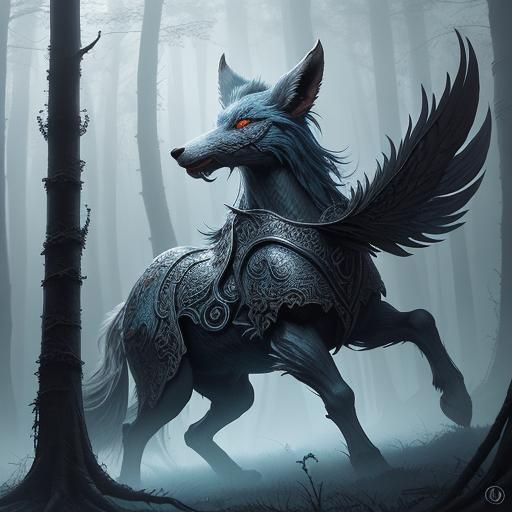 Mystical Fox with Red Eyes in Fantasy Forest