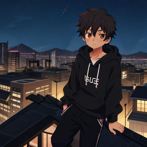 Anime-Style Teenager on Rooftop at Night