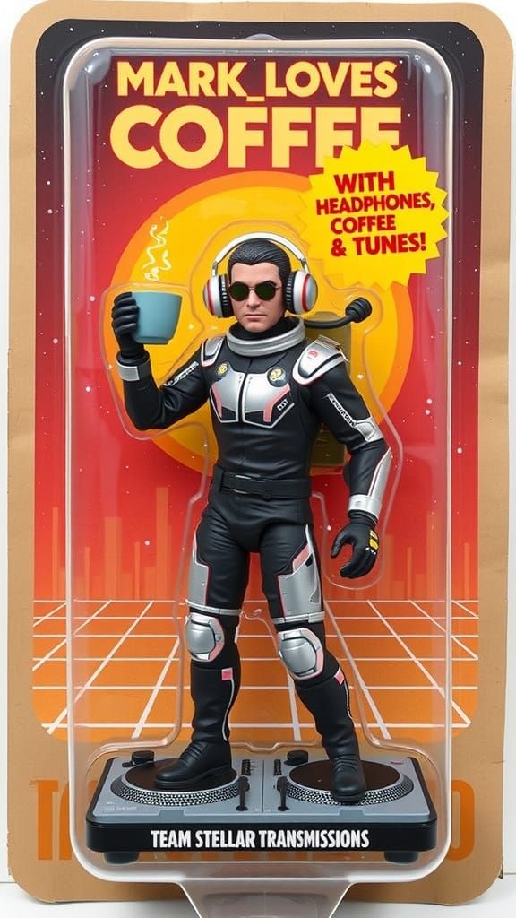 Retro-Futuristic Action Figure DJ Hero in Cosmic Grid Art