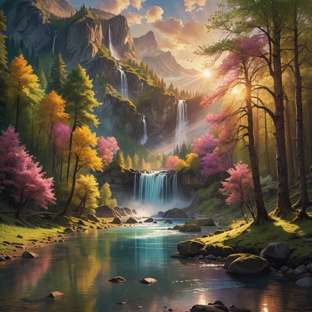 Serene Forest Valley: Iridescent River in Spring