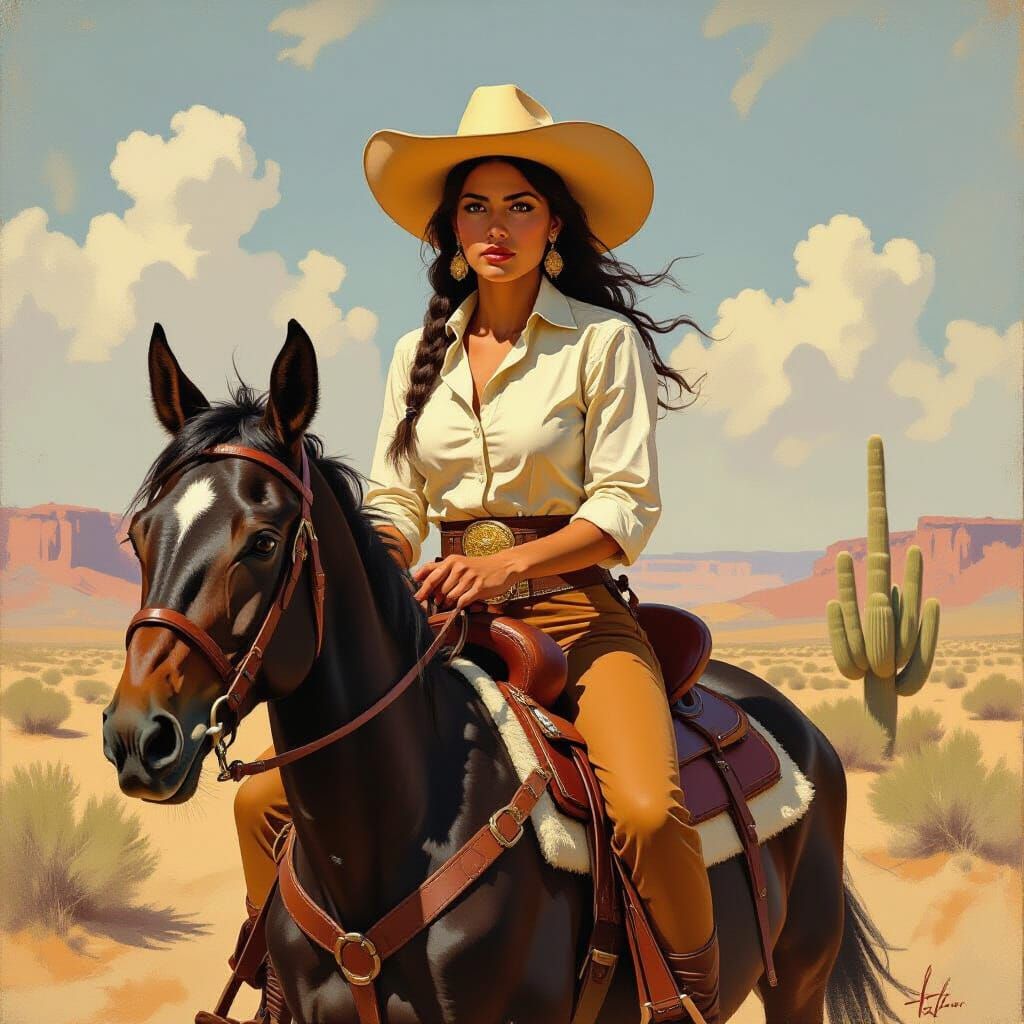 Mexican Bandit in Desert, Impressionistic Oil Painting